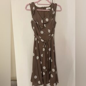 Sleeveless Brown Polka Dot Midi Dress with Belt